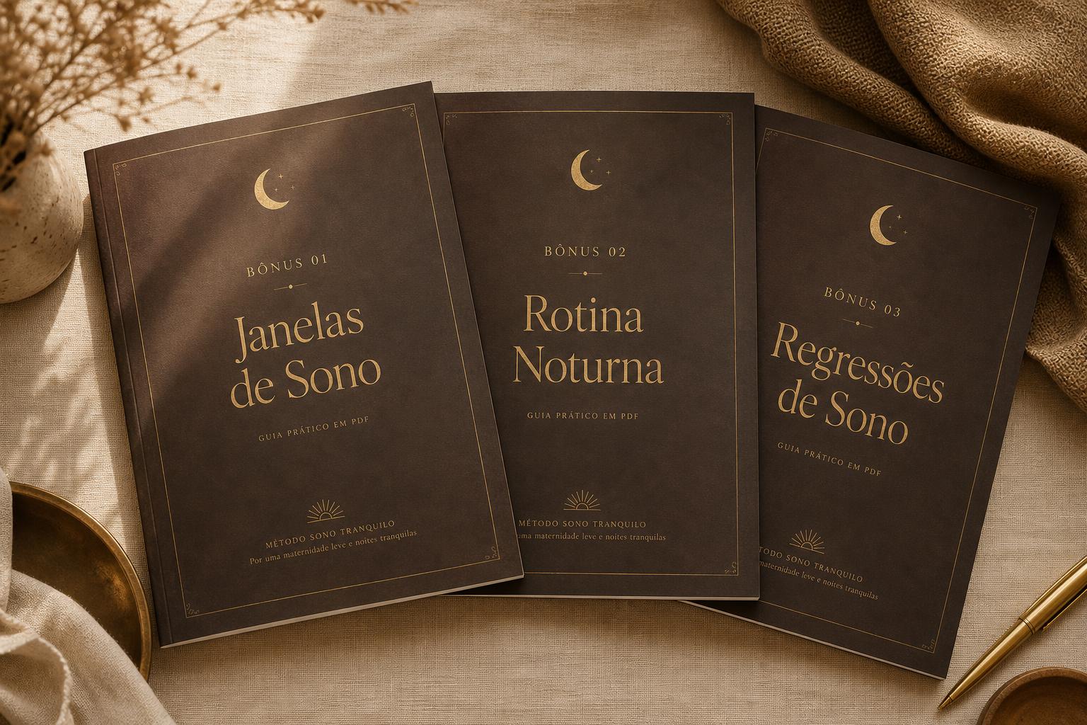 Mockup elegante dos três bônus do Método Bebê Tranquilo